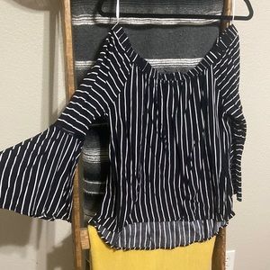 Off the shoulder bell sleeved striped shirt